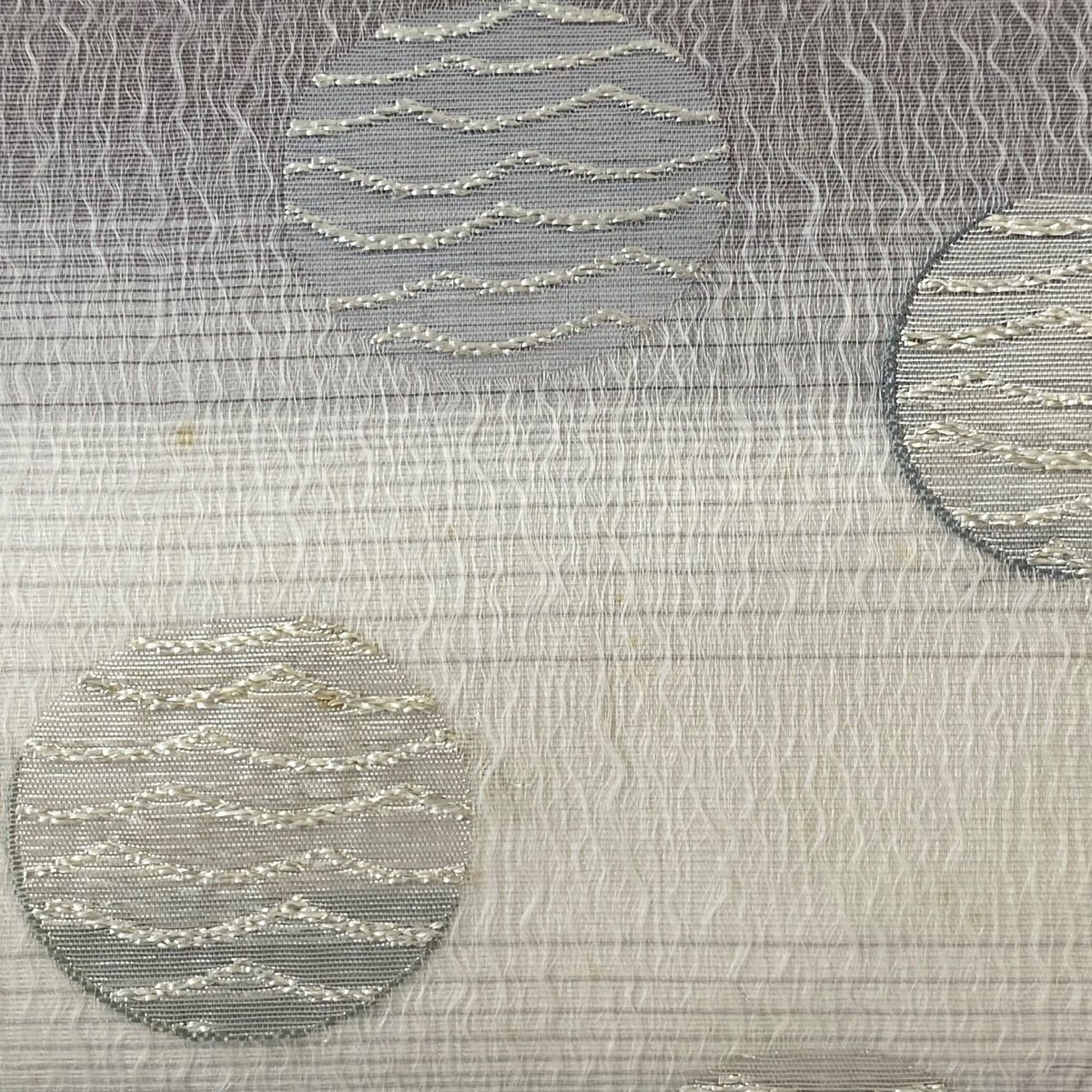 袋帯 秀品 夏帯 丸 縞 箔 銀糸 灰白 お太鼓柄 正絹