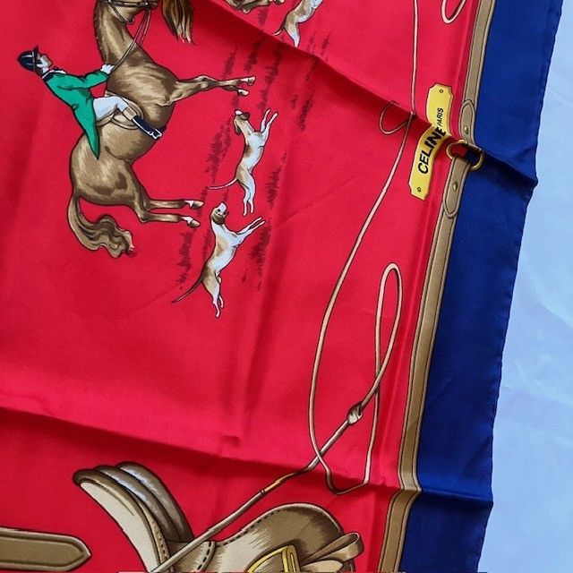 セリーヌ CELINE Horse＆Rider モチーフ 赤Xネイビー シルク