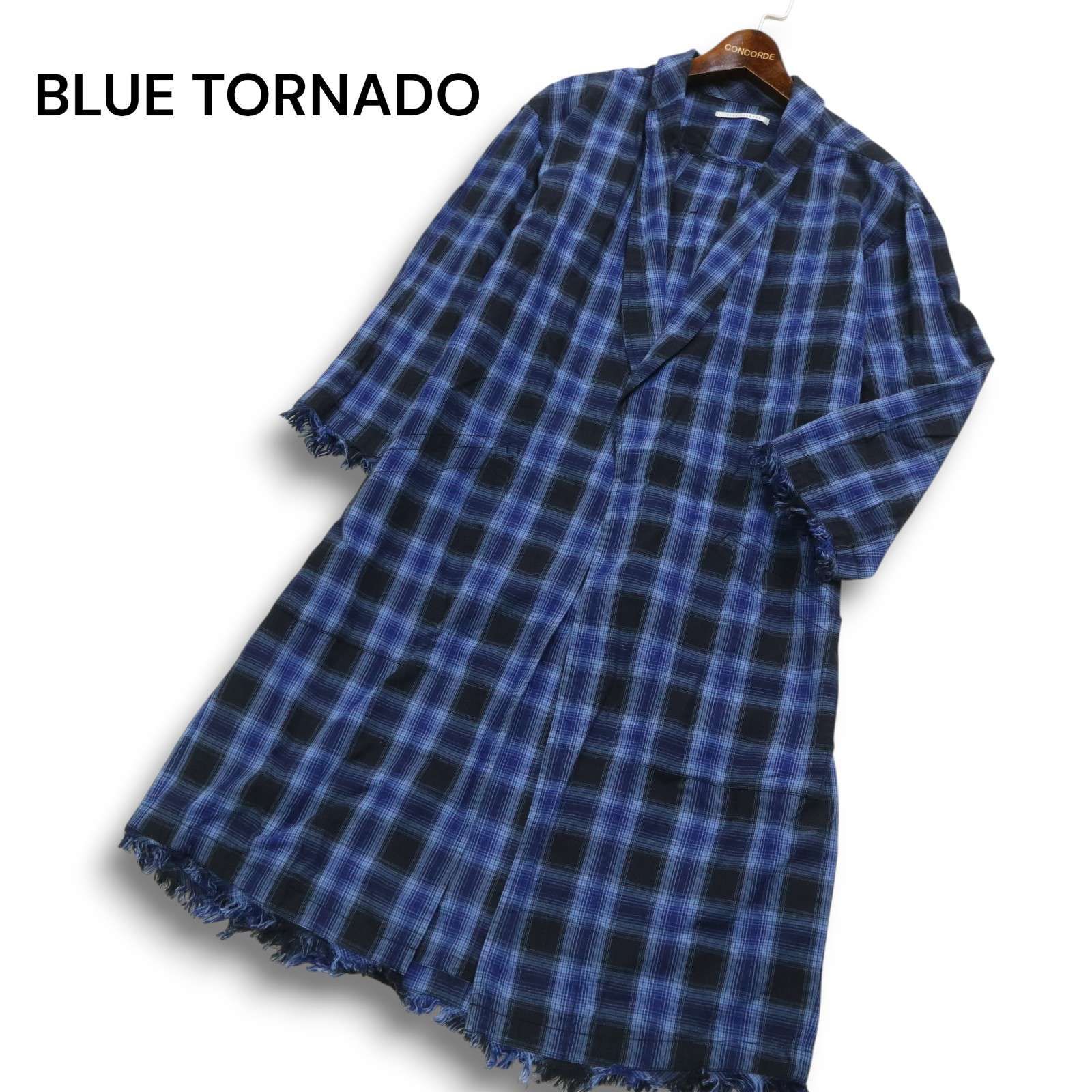 BLUE TORNADO トルネードマート 麻 リネン混 チェック柄 カットオフ 7分袖 ガウン 羽織り ロング カーディガン Sz.M メンズ