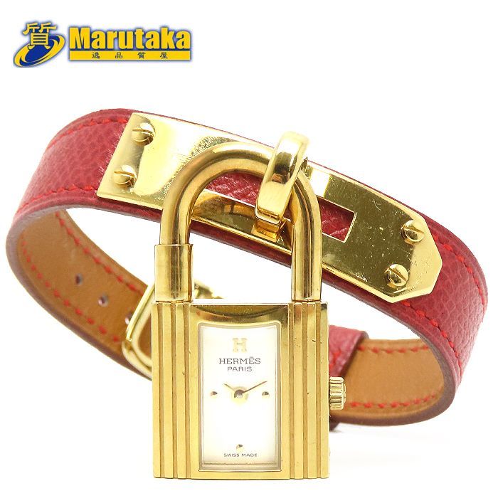 エルメス ケリーウォッチ HERMES 箱 クォーツ ゴールド レッド クシュベル GP KE1.201 1998年 □B レザー ホワイト 質屋 丸高 尼崎市 レディース 送料無料 腕時計 兵庫県 Kelly Watch Marutaka