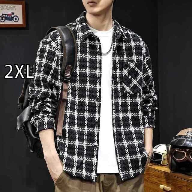 [2XL ]メンズ ファッション 服  オシャレ シンプル 大人 かっこいい 大きいサイズ ストリート 紳士服 シェニール チェック柄 シャツ ジャケット 秋 カジュアル 服 トップス 春秋