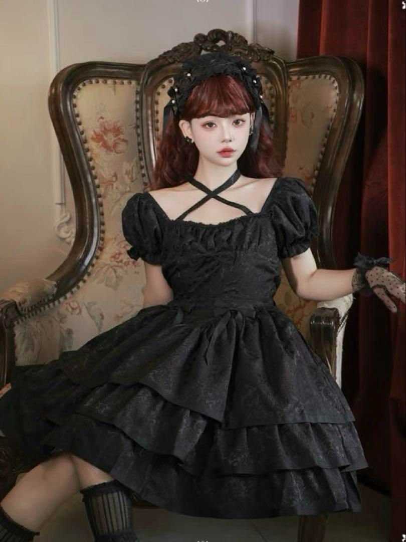 ロリータ 黒フリルワンピース Mサイズ 撮影会やイベントに 社交ダンスドレス ラテンダンス衣装 レッスンウェア ステージ衣装