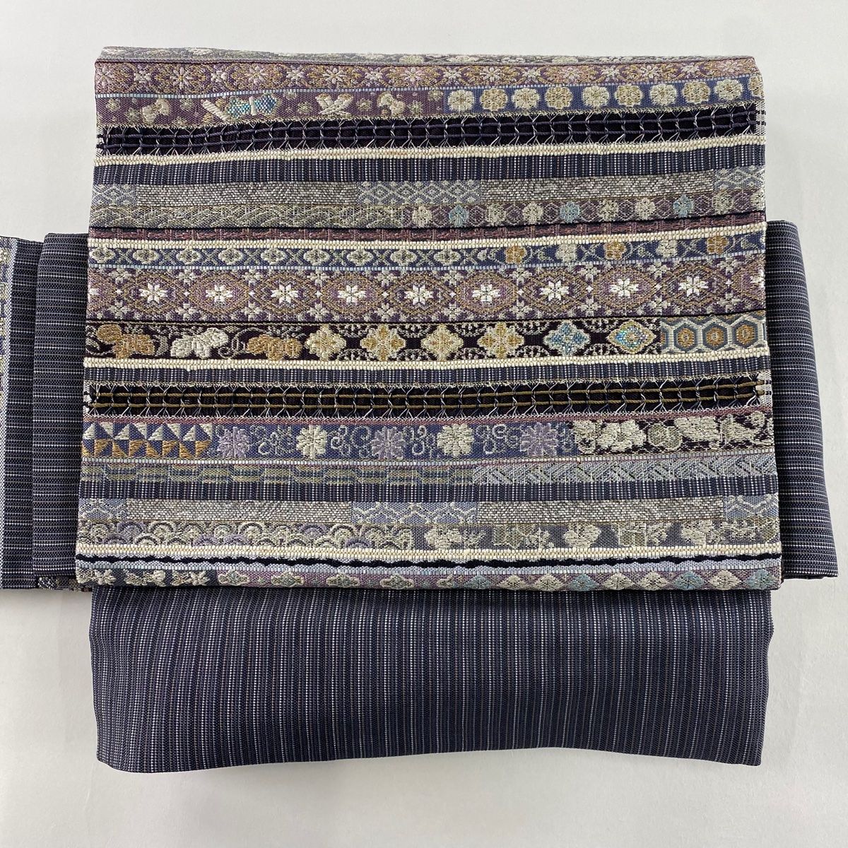 付け帯 作り帯 縞 華文 箔 金銀糸 灰紫 正絹