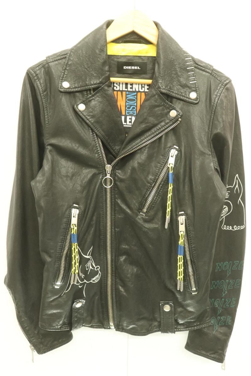 DIESEL メンズダブルライダースジャケット S SILENCE IN NOISE ライダースジャケット DIESEL S 黒 ブラック プリント