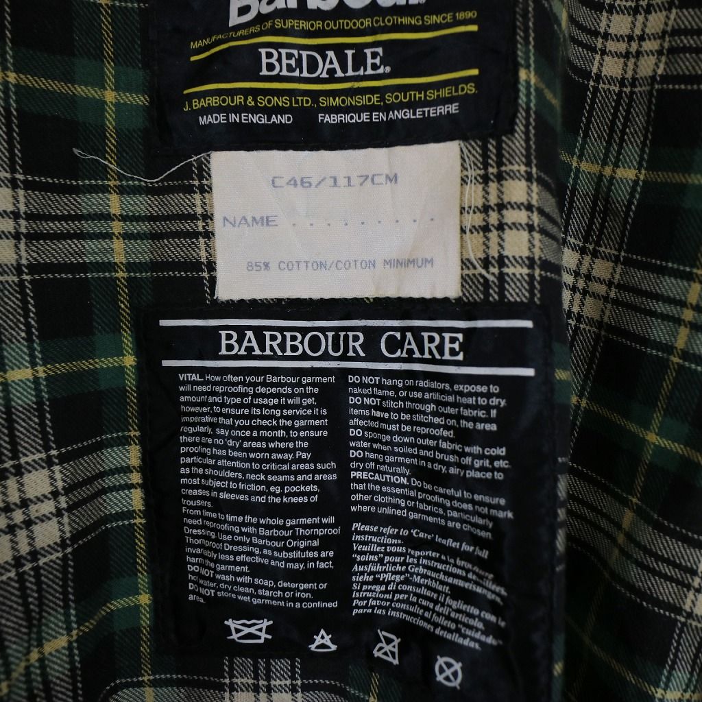 Barbour バブアー BEDALE オイルドジャケット 襟コーデュロイ切替 防寒 裏地チェック オリーブ (メンズ 46) 中古 古着 N6965