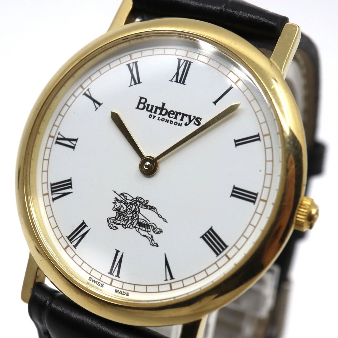 電池交換済 ベルト バーバリー Burberrys 6000G 腕時計 メンズウォッチ クォーツ ゴールド ホワイト文字盤 ローマンインデックス ホースロゴ クラシック ヴィンテージ エレガント ドレスウォッチ 稼働品 G3