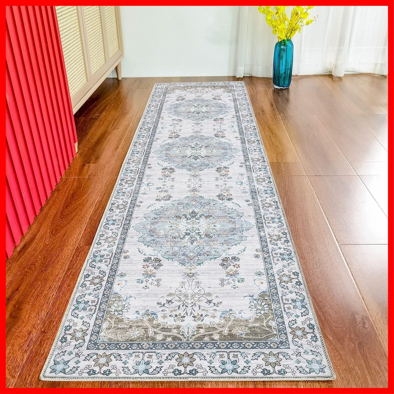 グリーン した敷 ラグ 花柄 緑 滑り止め オールシーズン おしゃれ 防ダニ 台所マット 60x240CM カーペット 防臭 廊下 ペルシャ絨毯風 洗える 床暖房対応 240 キッチンマット DECOMALL