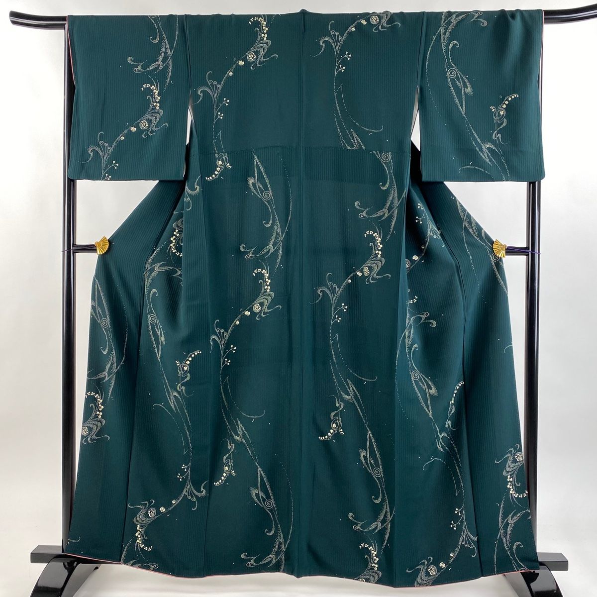 小紋 身丈160cm 裄丈67cm M 袷 草花 幾何学模様 深緑 正絹 秀品