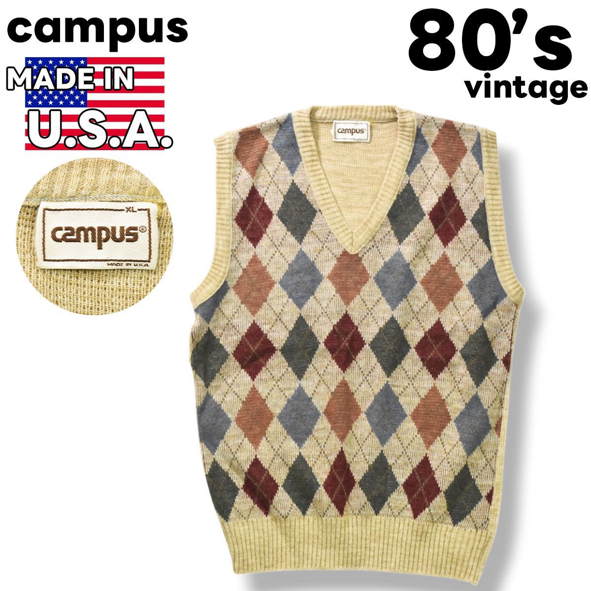 80sヴィンテージ USA製 キャンパス campus Vネック アーガイルチェック アクリル ウール ニット ベスト セーター XL ベージュ メンズ