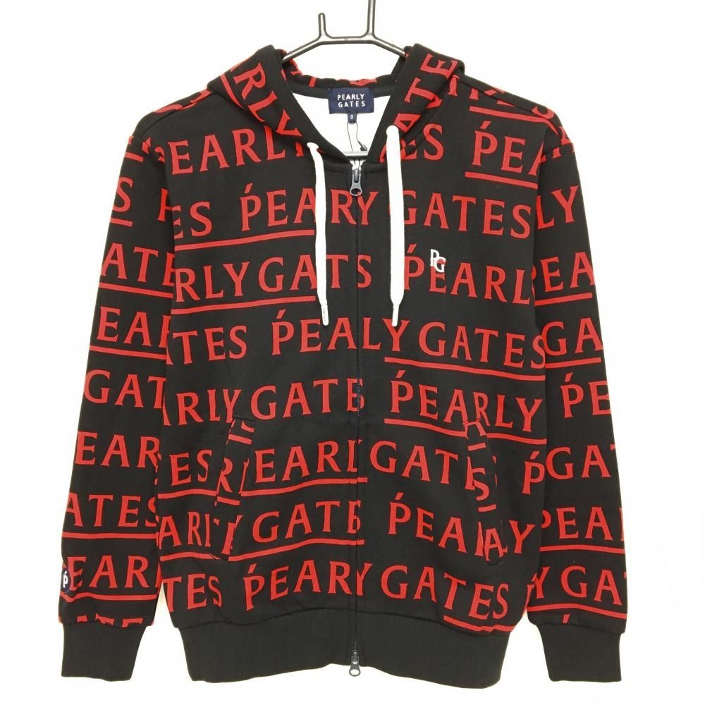 パーリーゲイツ ジップパーカー 黒×レッド ロゴ総柄 刺しゅう白 レディース 0 S ゴルフウェア PEARLY GATES