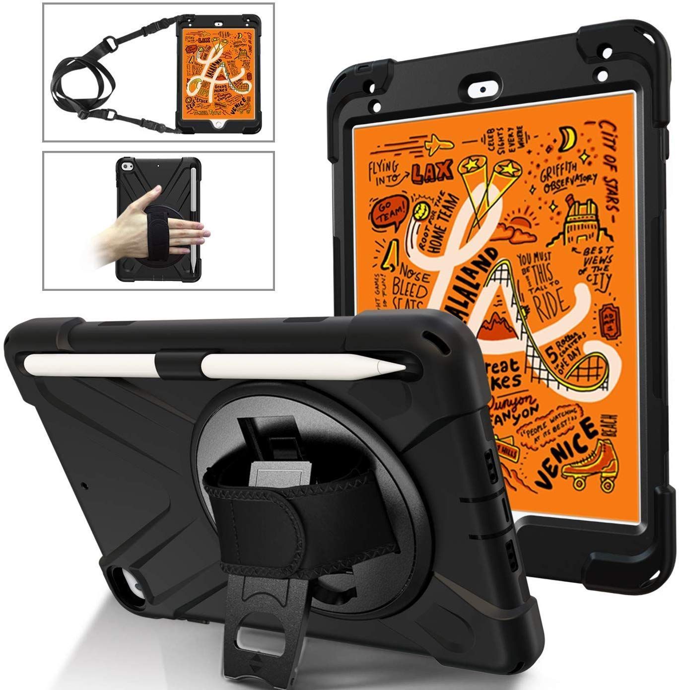 ペンホルダー Pencil収納 360度 カバー 回転 ケース 耐衝撃 縦置き ハンドホルダー スタンド Mini 4 防塵 iPad 肩掛けー ストラップ 三層 2019 子供 5 キッズ 持ち運び Herize