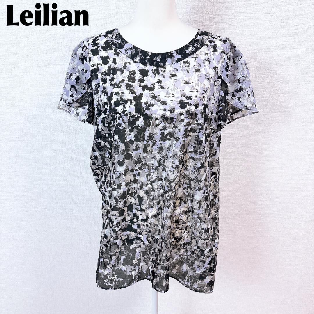 レリアン 半袖ブラウス シアーブラウス トップス 11 総柄 黒×紫