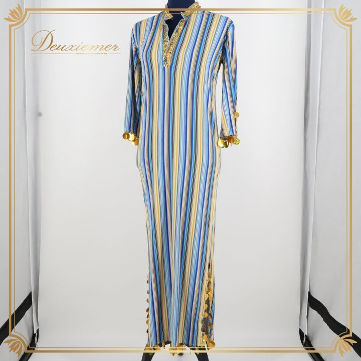 ベリーダンス 衣装 サイーディドレス ワンピース ドレス ガラベーヤ ブルー系 青 イエロー系 黄色 ゴールド ラメ ストライプ柄 舞台 発表会 パーティー コスチューム スパンコール 目を引く おしゃれ デザイン