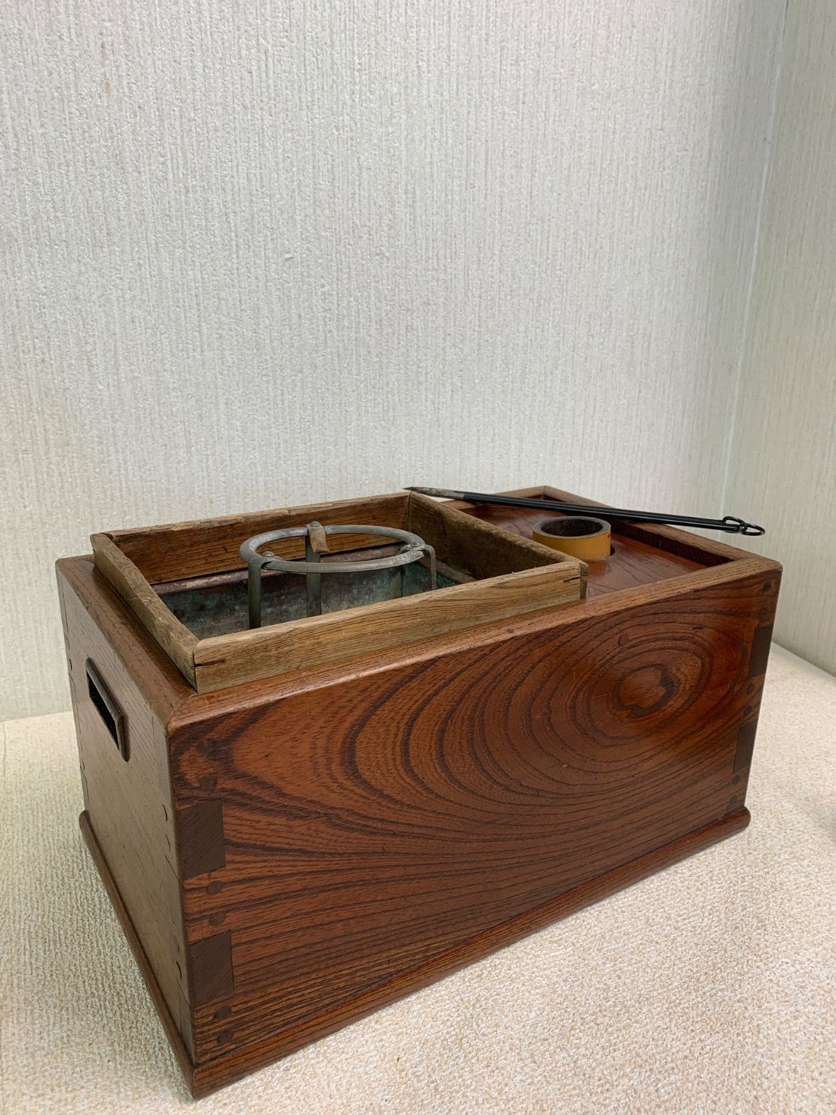 火鉢 タバコ盆 骨董 骨董 長火鉢 煙草盆 ミニサイズ 木製 隠し箱あり