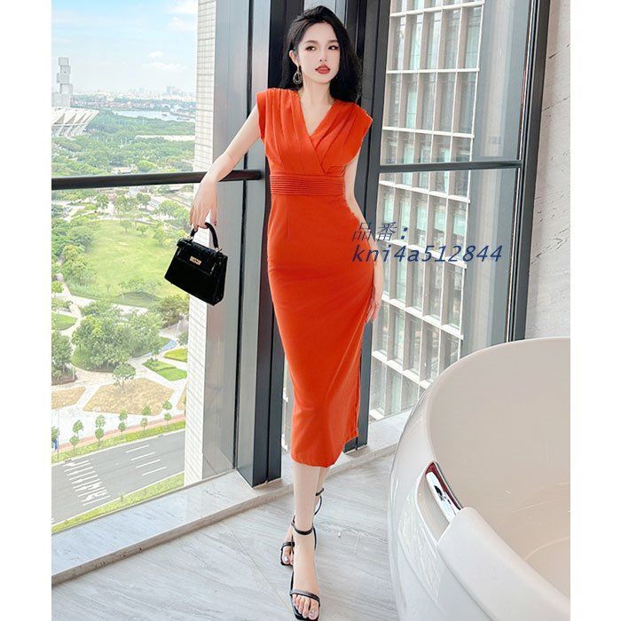 カシュクールVネック ハイウエストノースリーブ ミモレタイトワンピース オレンジ 韓国 パーティー ドレス スナック キャバ kni4a512844