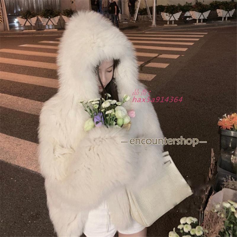 ファーコート フォックスファーコート ファージャケット レディース 冬 40代 感 モコモコ フェイクフォックス 毛皮 暖かい フード付き エコ hax5a914364