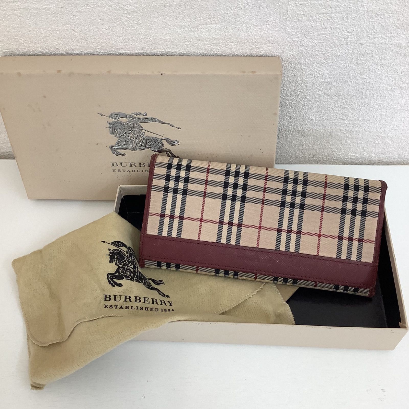 Burberry 長財布 ノバチェック ボルドー ホースロゴ がま口 ベージュ
