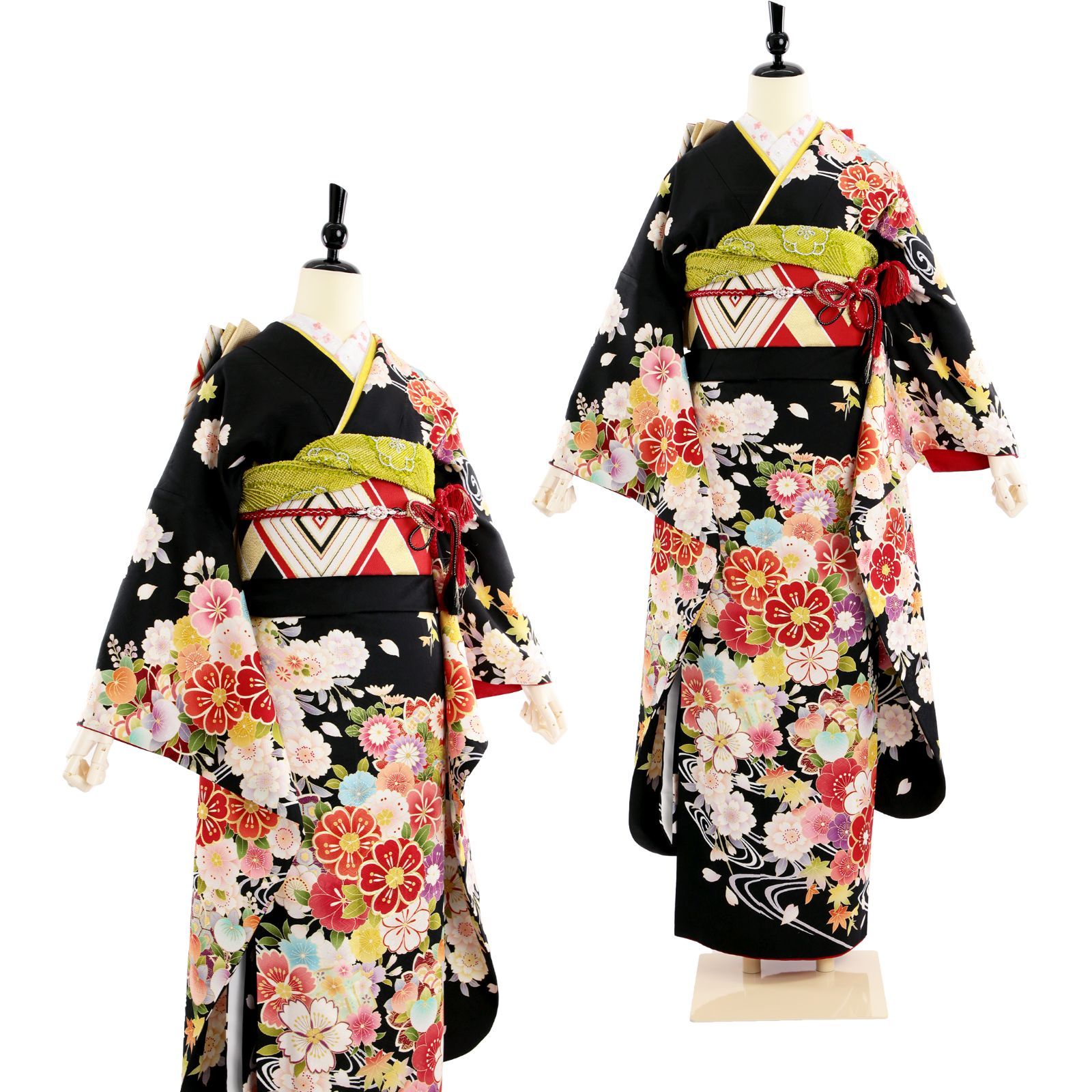 黒　古典振袖フルセット 振袖 振袖フルセット 振袖セット USED振袖 中古 黒 古典柄 桜 流水 7点