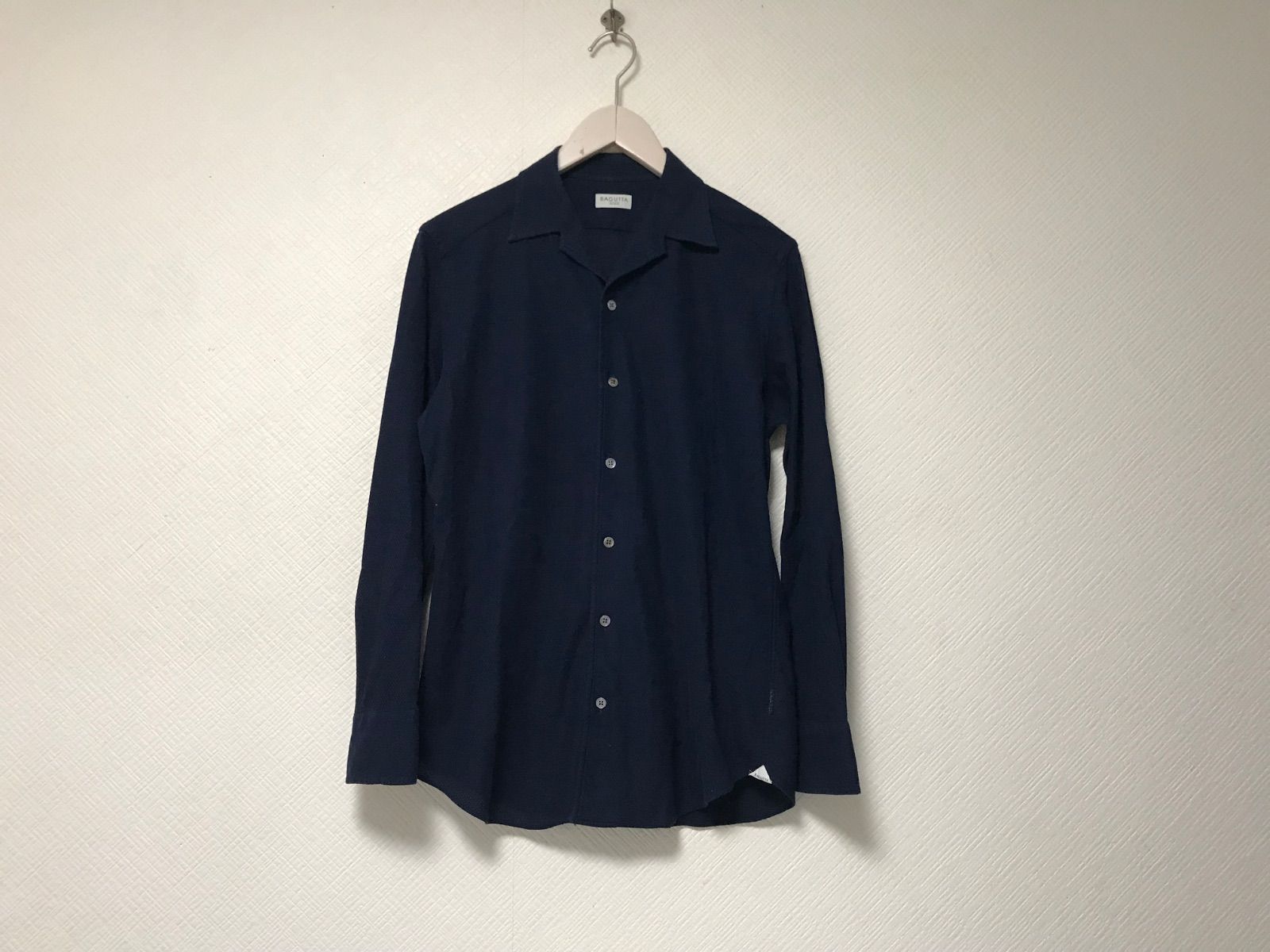 本物バグッタBAGUTTAコットンオープン 長袖シャツメンズサーフアメカジミリタリーストリートスケーターワークビジネススーツモードドレスゴルフ紺ネイビーSアルバニア製