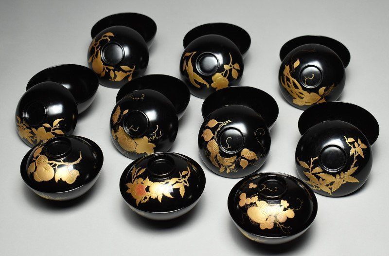 蔵A4335b 木製 蒔絵絵替文 吸物椀 汁椀 十客