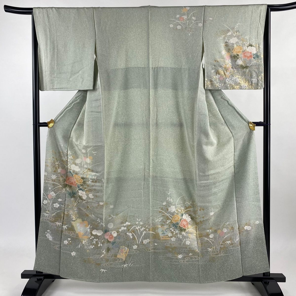 訪問着 身丈158cm 裄丈65cm M 袷 草花 色紙 金銀彩 ぼかし 薄緑