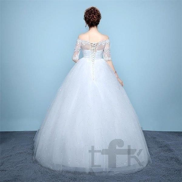ウエディングドレス安いaライン白袖あり編み上げレース花嫁結婚式ハイウエストマタニティ用パーティードレス二次会ロング丈イブニングドレ