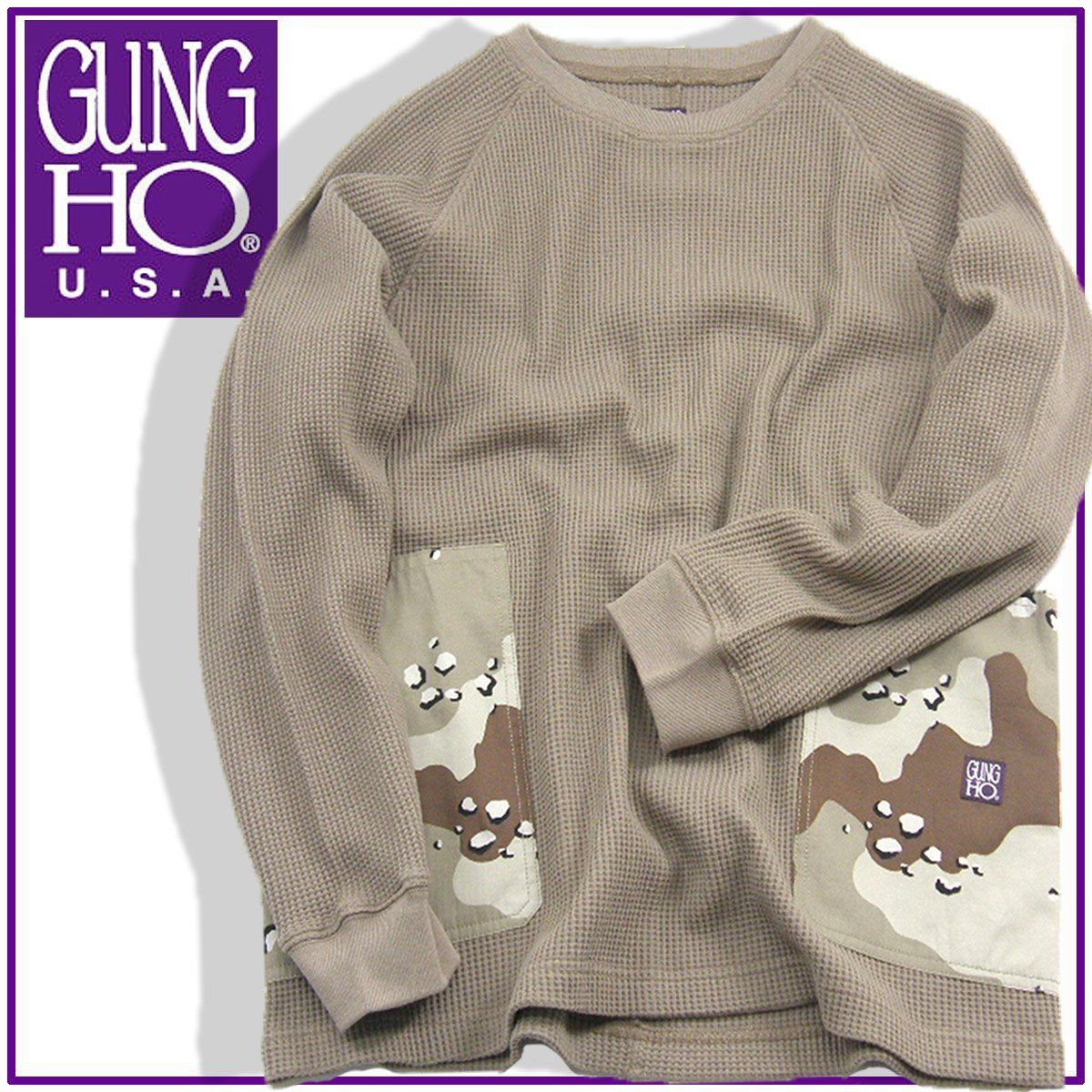 GUNG HO ガンホー カモ柄 ポケット付き 肉厚 ワッフル ロンT ヘビーオンス アメリカンコットン サーマル カットソー ミリタリー ワーク アウトドア キャンプ ベージュ系 ｜ 秋冬