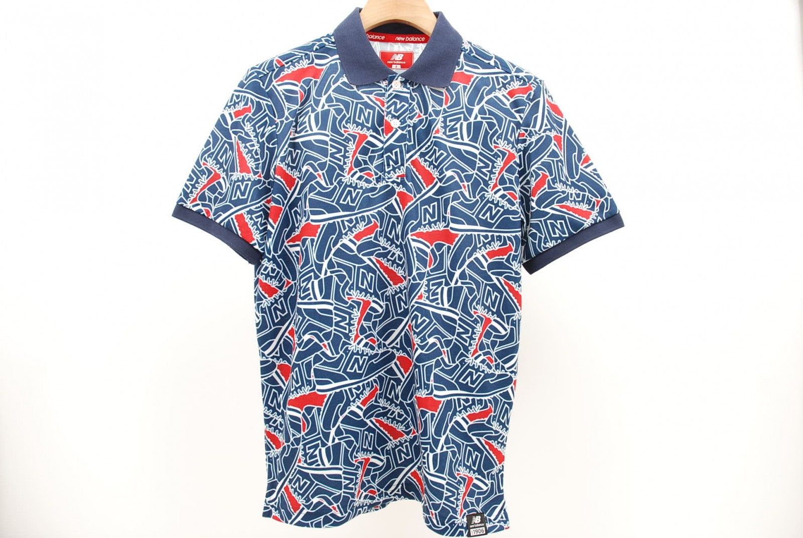 中古 メンズ ニューバランスゴルフ New Balance golf 半袖ポロシャツ M 紺×白×赤/ネイビー 総柄