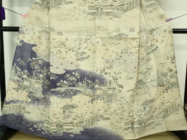 平和屋本店▽極上 染織の名門 しょうざん 生紬 訪問着 単衣 渡橋風景花