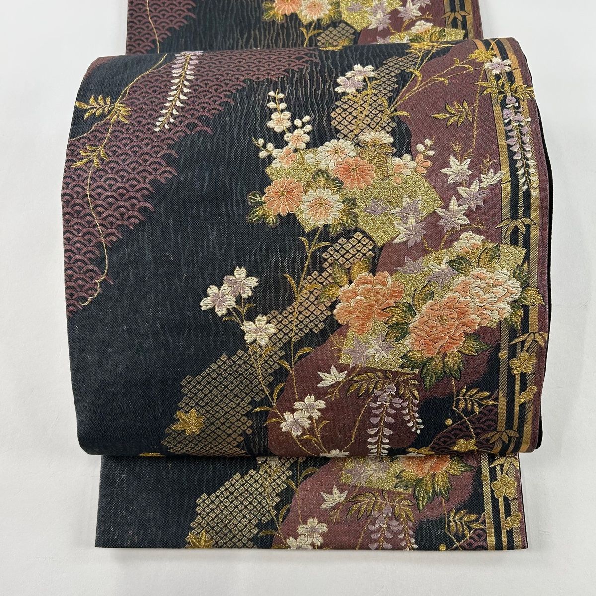 袋帯 美品 秀品 やまと 扇面 草花 唐織 箔 赤紫 六通 正絹