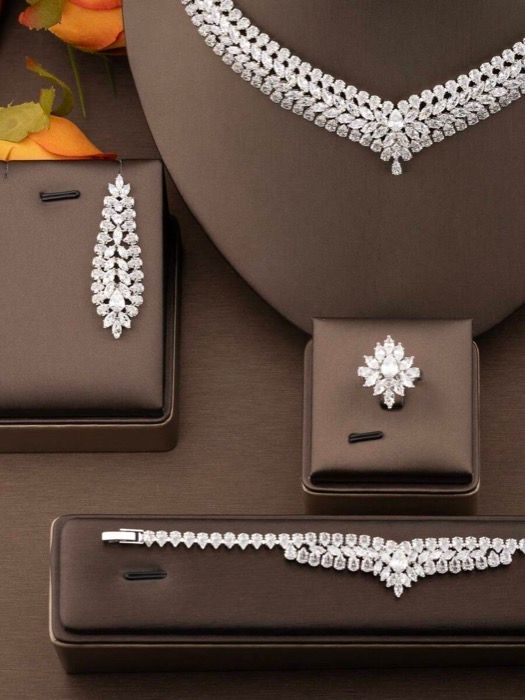 ジュエリー レディース セット 1セット エレガントキュービックジルコニア ネック 小麦の穂デザインジュエリーセット 女性の日常着やパーティーウェアに適しています ピアス1ペア ネックレス1本 ブレスレット1本