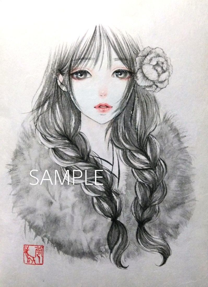 肉筆原画 水墨画 墨彩画 絵画 美人画 手描きイラスト - メルカリ