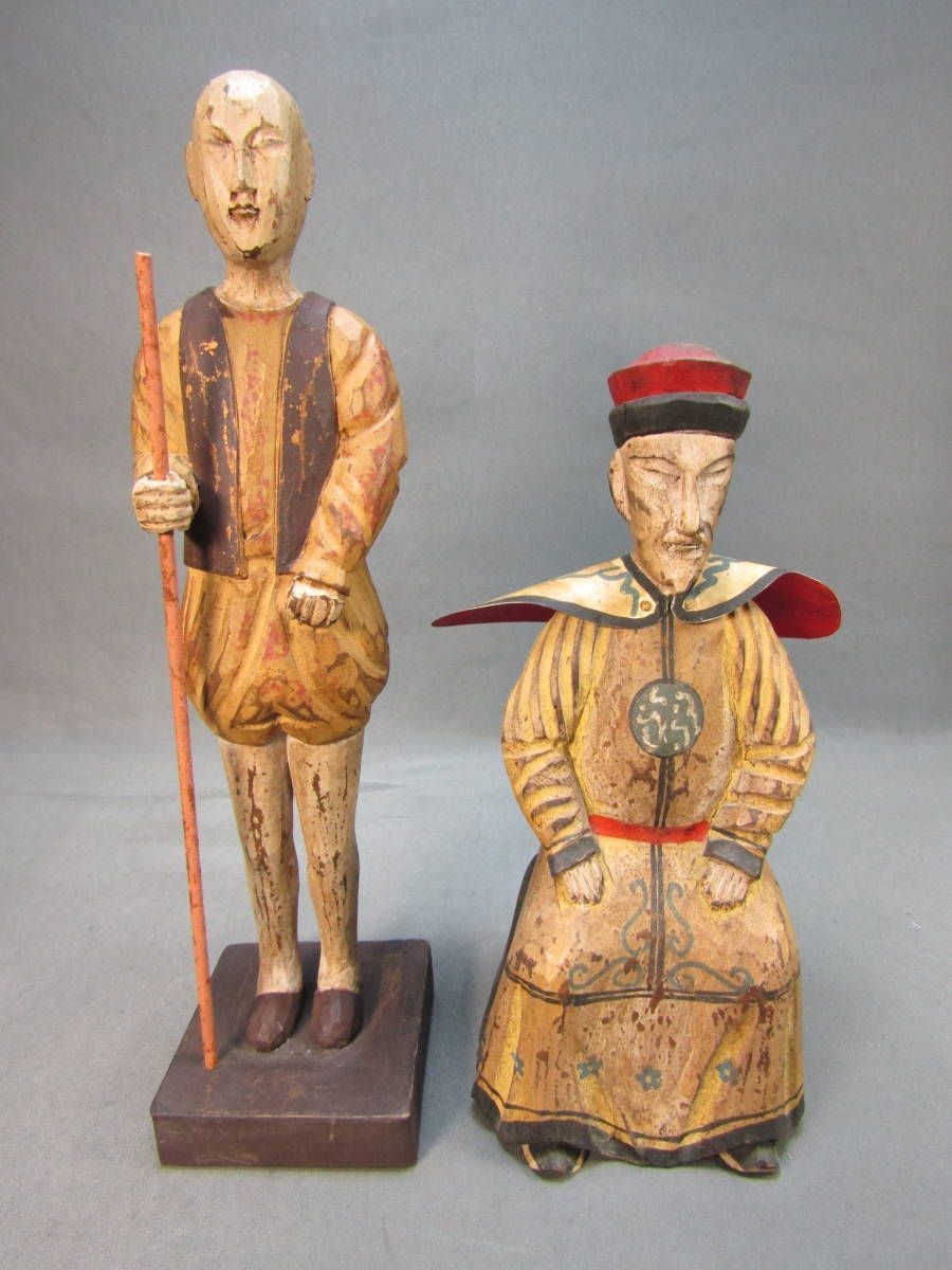 木彫り 人形　2体　28cm/21cm アジア工芸　置物-0