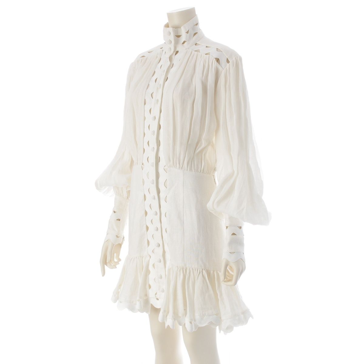 ZIMMERMANN ジマーマン ラミー ハイネック 前開き 長袖 シャツ ワンピース ドレス ホワイト 1