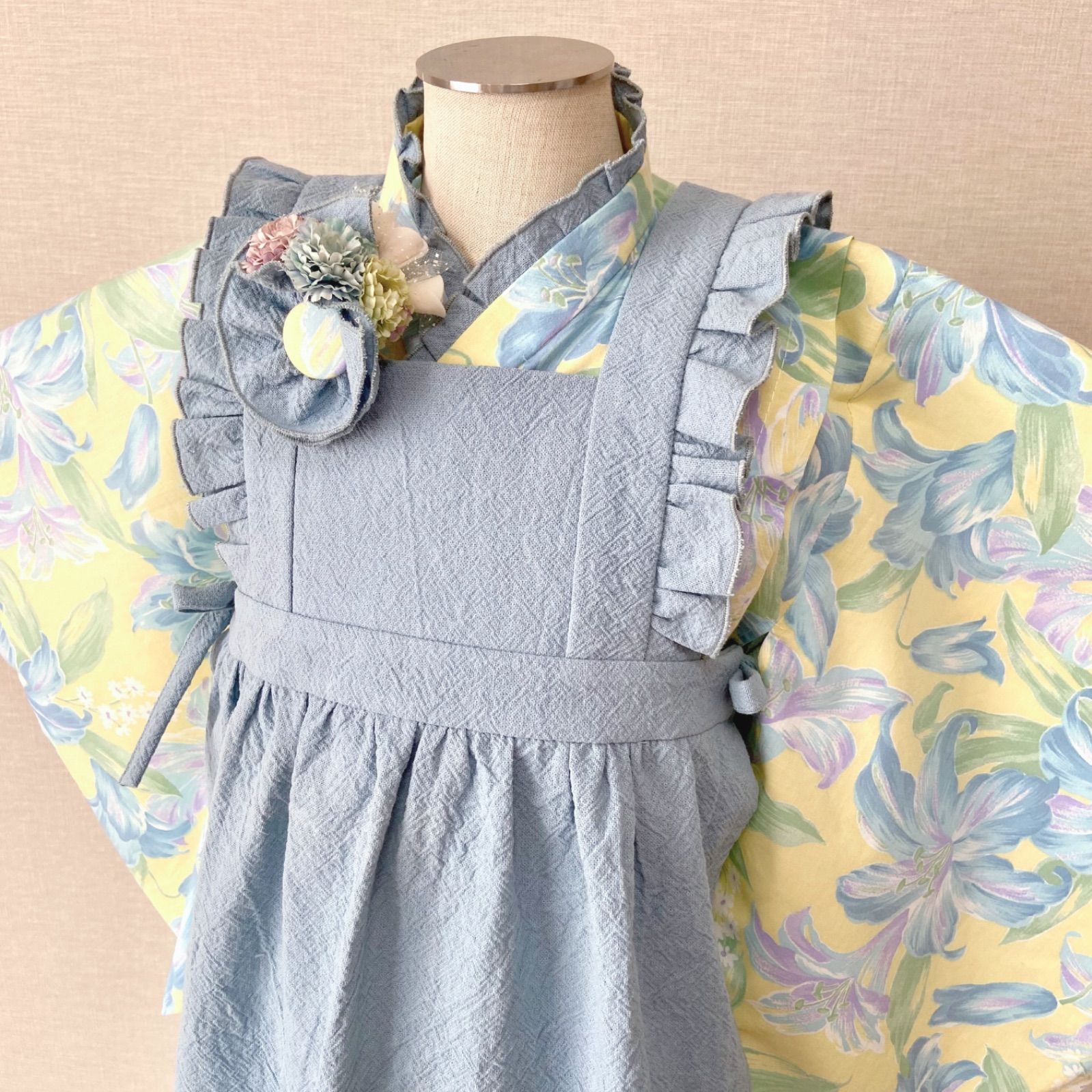 1点限り】3歳 七五三 着物＆被布エプロンセット 黄色系 ハンドメイド 