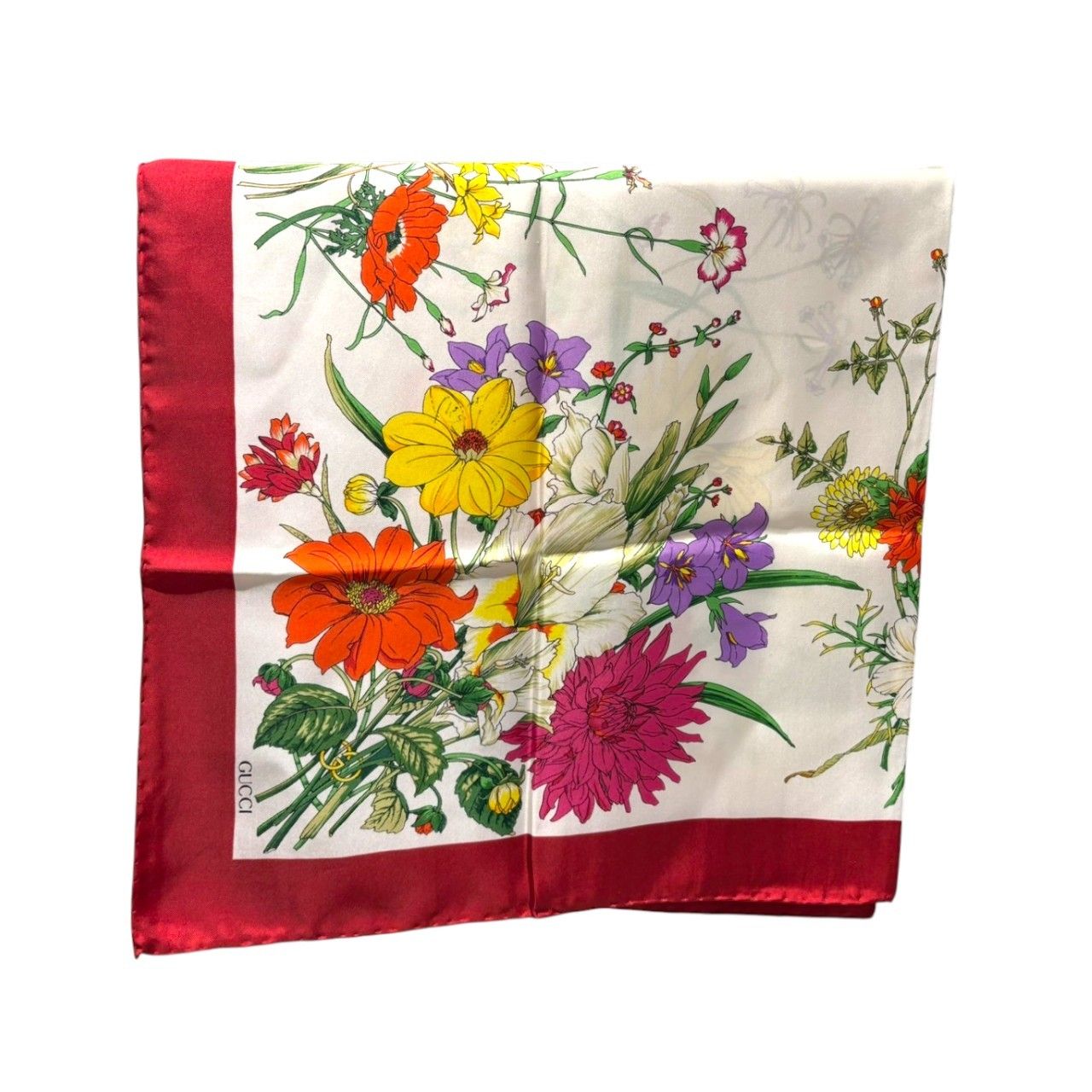 GUCCI (グッチ) 花柄シルクスカーフ レディース ホワイト×ボルドー