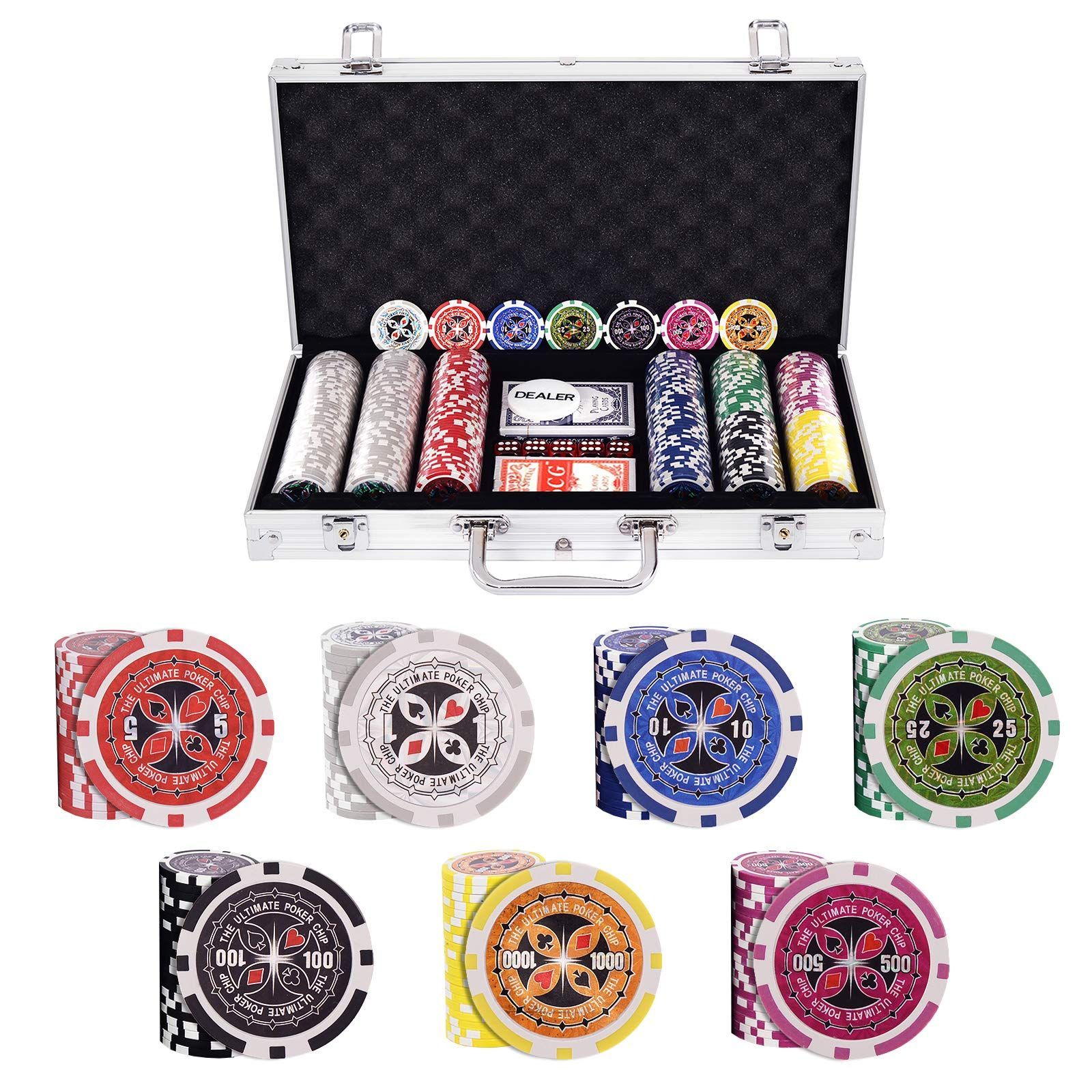 Color 300枚-シルバー GYMAX ポーカーチップ ポーカー チップ 300枚 カジノチップ ポーカーセット 数字入り トランプ付き テーブルゲーム カジノセット 300枚-シルバー