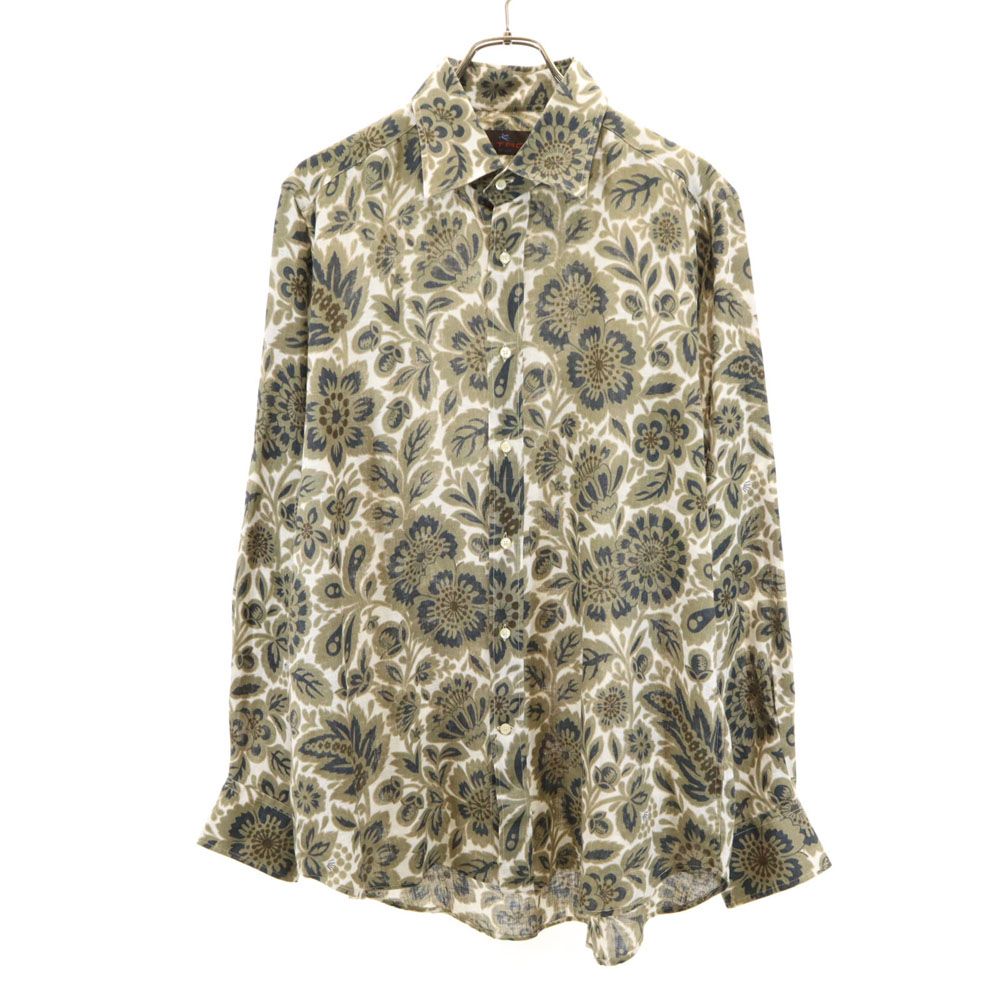 エトロ イタリア製 花柄 長袖 リネンシャツ XL オリーブ 他 ETRO メンズ