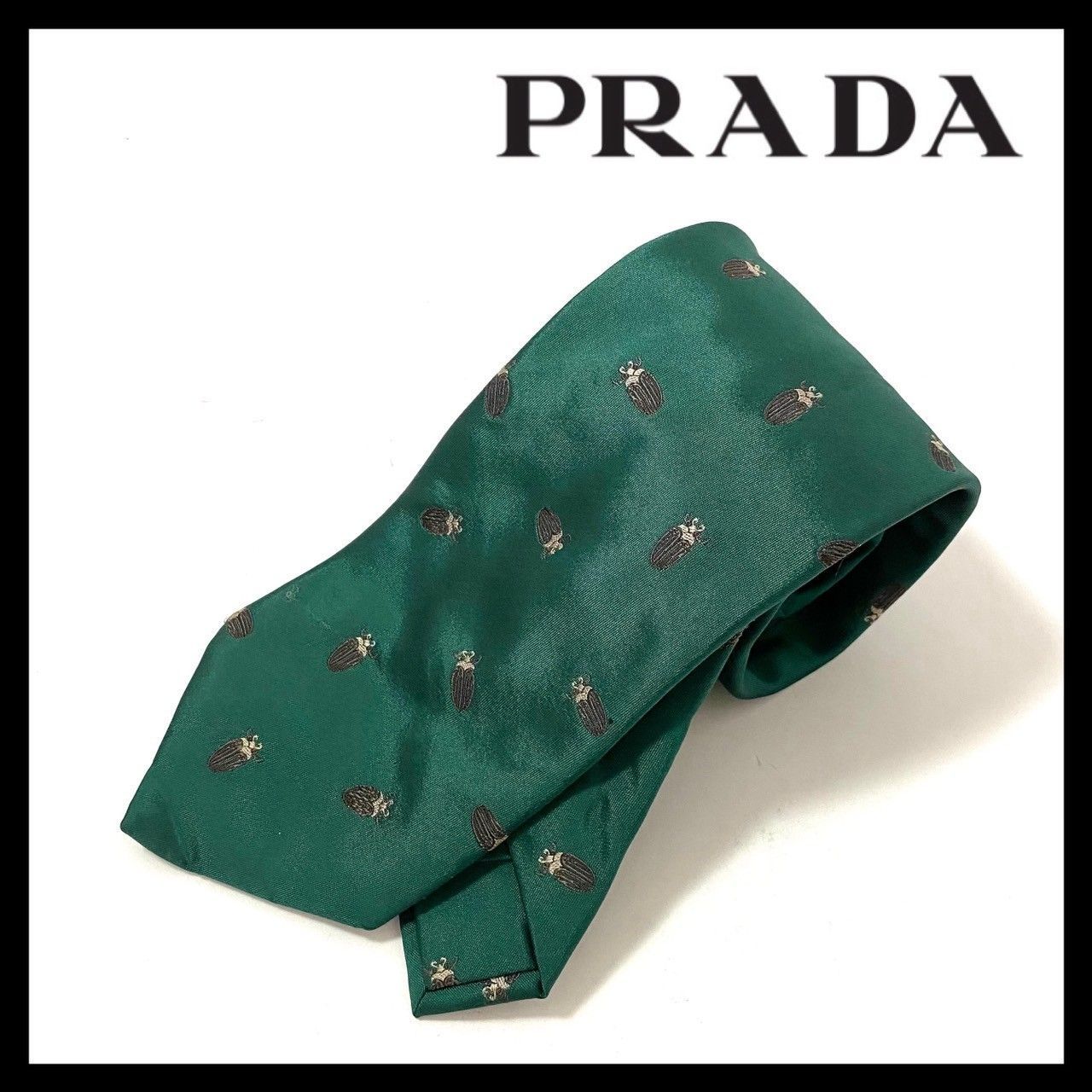 SJ3【PRADA】ネクタイ SILK/シルク 100% グリーン/緑 総柄 プラダ (SJ3