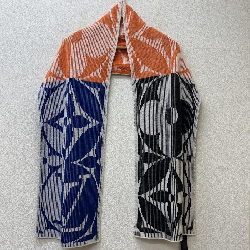 LOUIS VUITTON ルイヴィトン マフラー M78005 エシャルプ リブ フラワー ロゴ 総柄 リブニット ウール マフラー イタリア製 青 橙 黒 ブルー オレンジ ブラック
