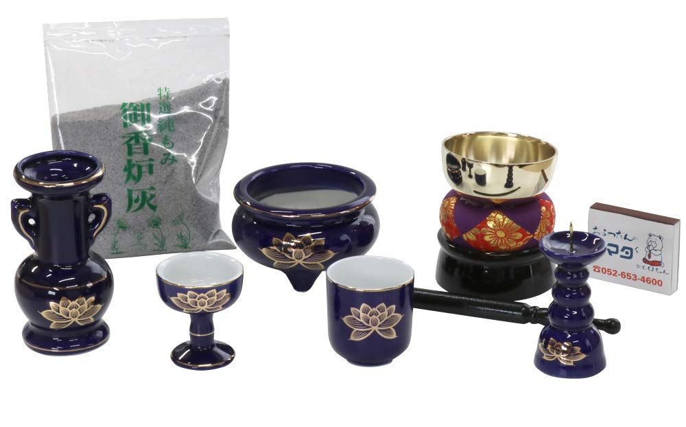 在庫 金蓮 瑠璃色 ルリ 陶器 5点 おりんセット 仏具セット 香炉灰 マッチ付 モダンミニ仏壇用