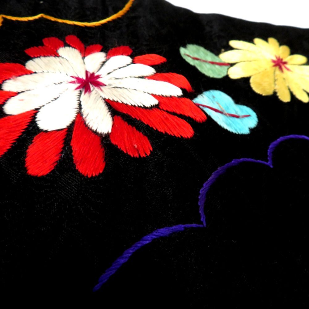 名古屋帯 繻子 昔 アンティーク帯 昔名古屋帯 黒 多色 大花 刺繍