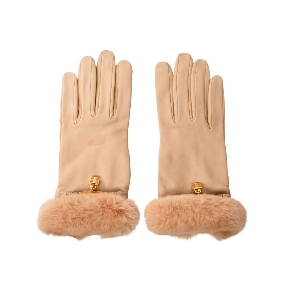 HERMES ミンク付き ケリー ラムレザー 手袋 グローブ 7 ベージュ