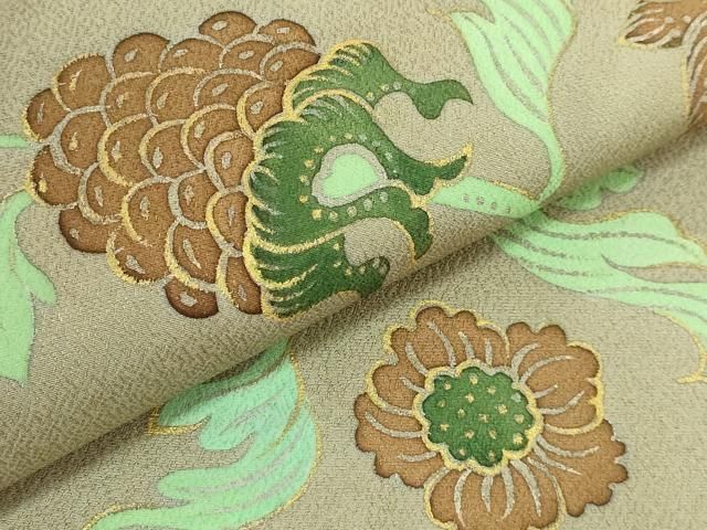 平和屋本店□超希少 品川恭子 九寸名古屋帯 更紗花文 利休茶色地 金彩