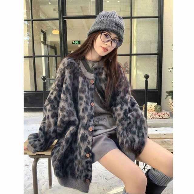 カーディガン レディース ヒョウ柄 ニットカーディガン 長袖 羽織り