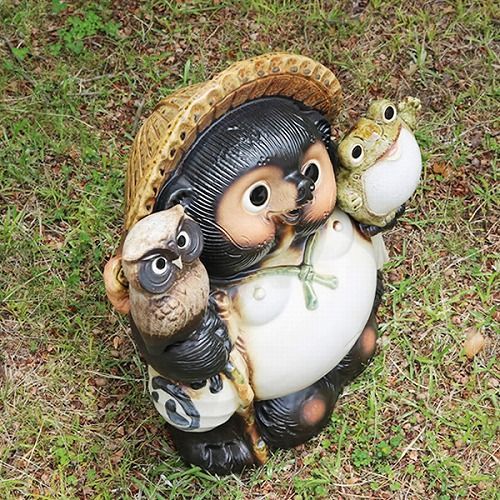 信楽焼 たぬき 置物 高さ41cm 陶器 かえる 13号ふくろう・蛙付きたぬき