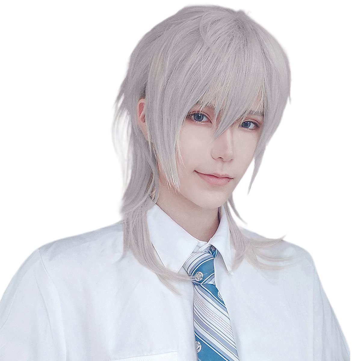 【特価商品】男装 コスプレ 銀髪 ファッション フルウィッグ 自然 ウルフ シルバー 小顔 ロング 耐熱 メンズ ネット/櫛付き FORCUTEUウィッグ
