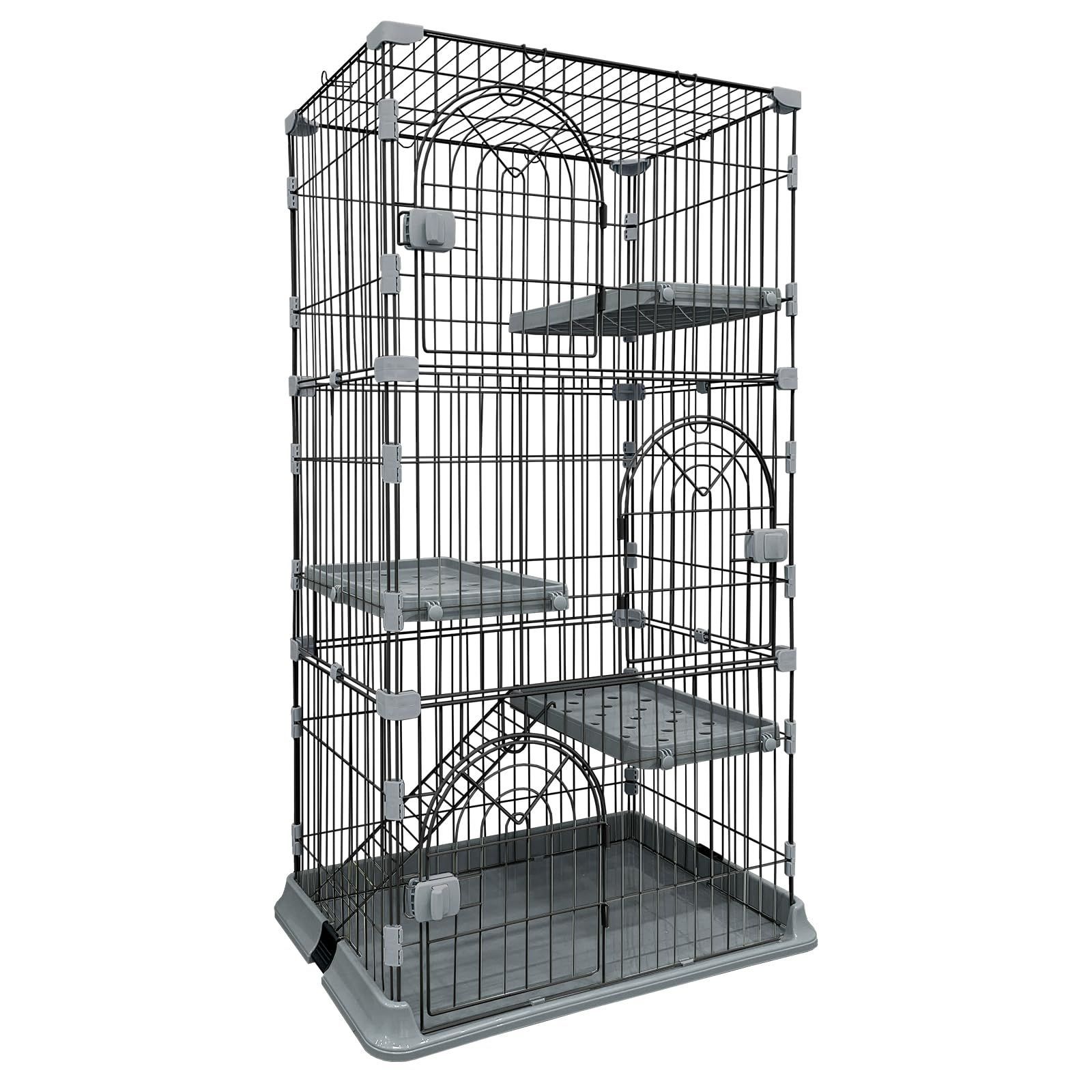 猫ケージ キャットケージ スリム 大型 小型 一段 二段 三段 ペットケージ 組み立て簡単 ワイド扉付き 脱走防止 保護ネコ コンパクト おしゃれ 日本語説明書 頑丈 耐荷重10kg グレー 三段