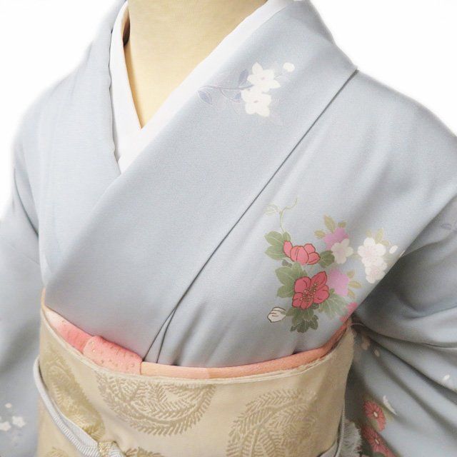 訪問着 着物 中古 正絹 袷 紋付き 金駒刺繍 花の図 トール A1197