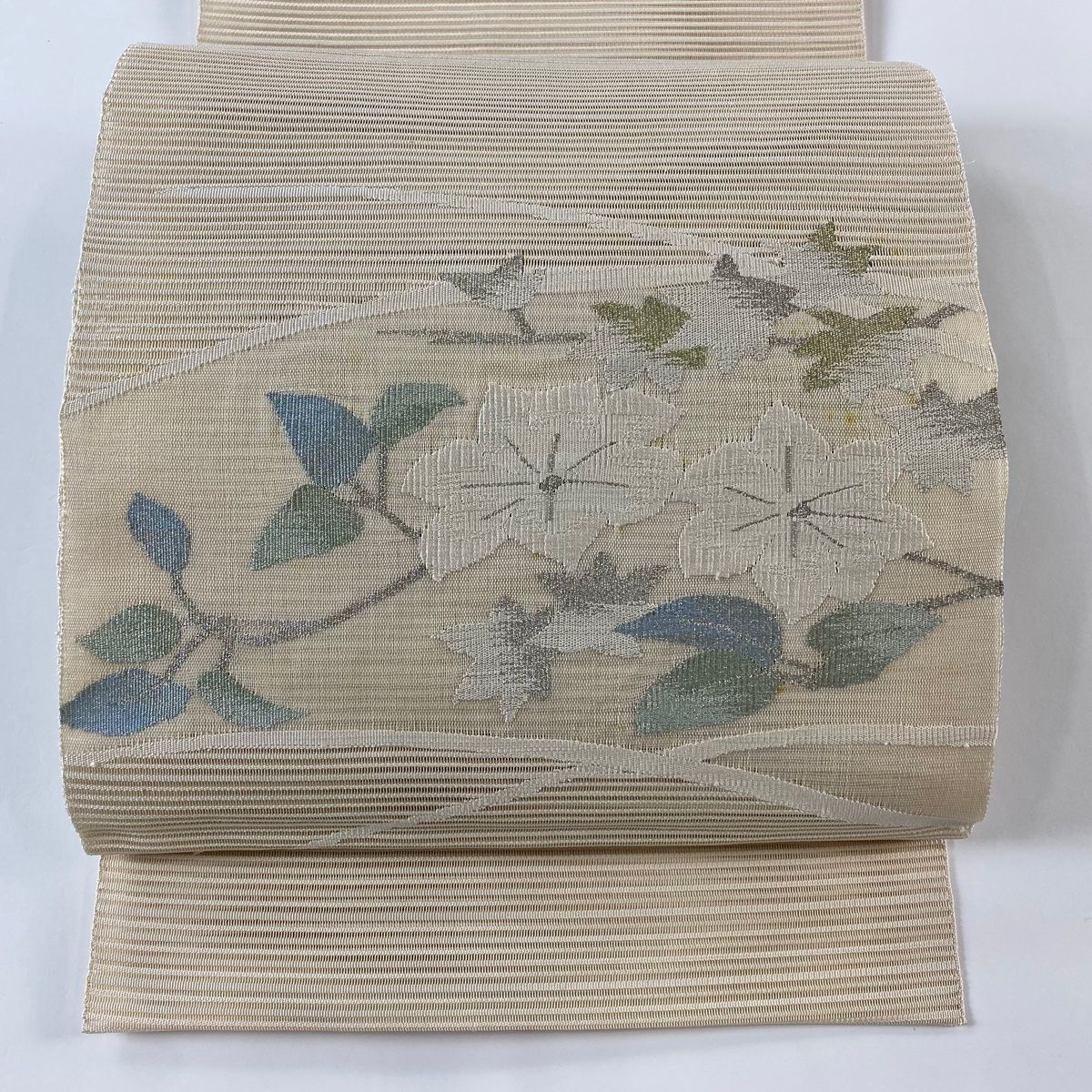 B5 美品 夏物 紫陽花の花 銀糸 薄ピンク 太鼓 絽 紗 松葉仕立て
